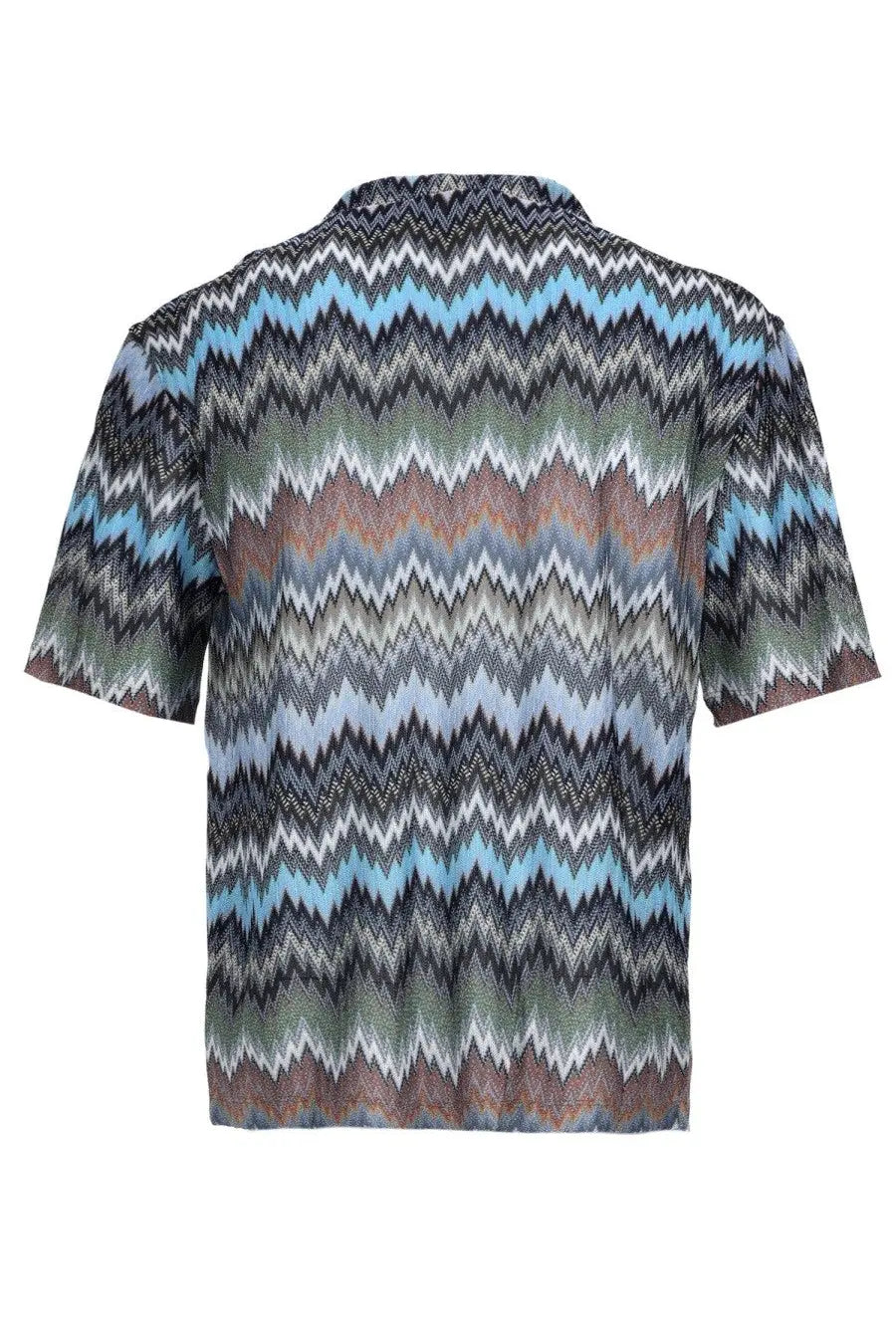Missoni men’s camicia short-sleeved shirt with bold blue gray white and earthy zigzag pattern in viscose multicolor