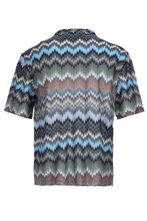 Missoni men’s camicia short-sleeved shirt with bold blue gray white and earthy zigzag pattern in viscose multicolor