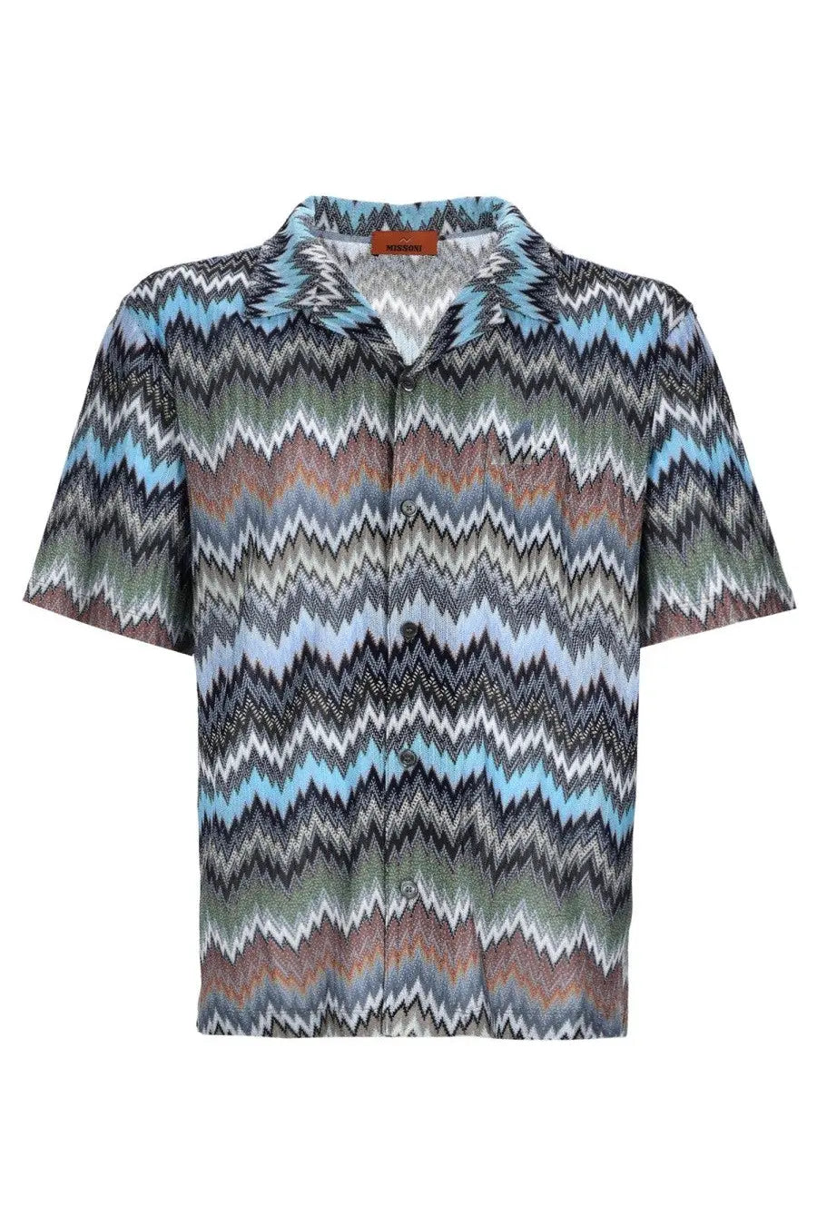 Missoni men’s camicia vibrant short-sleeved button-up shirt in viscose with bold blue green gray zigzag pattern