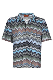 Missoni men’s camicia vibrant short-sleeved button-up shirt in viscose with bold blue green gray zigzag pattern