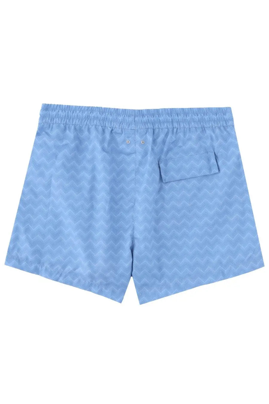 Missoni men’s light blue swim trunks with subtle chevron pattern and elastic waistband for beachwear
