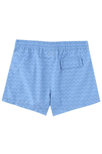 Missoni men’s light blue swim trunks with subtle chevron pattern and elastic waistband for beachwear