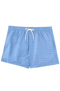 Missoni men’s light blue swim trunks with subtle chevron pattern and white drawstring for beachwear