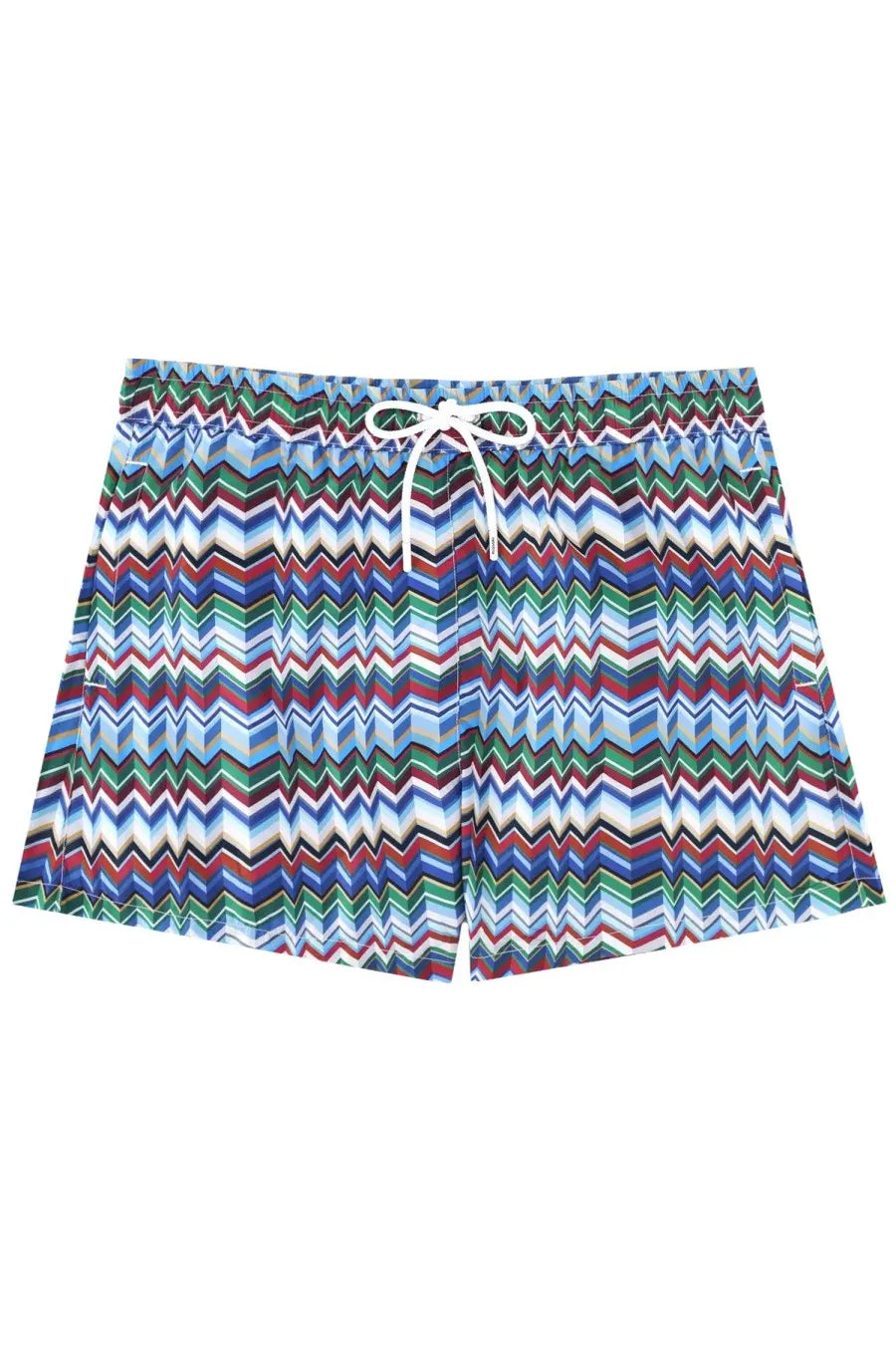 Missoni men’s multicolor swim trunks with vibrant zigzag pattern and white drawstring waistband for beachwear
