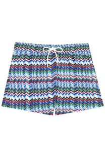 Missoni men’s multicolor swim trunks with vibrant zigzag pattern and white drawstring waistband for beachwear