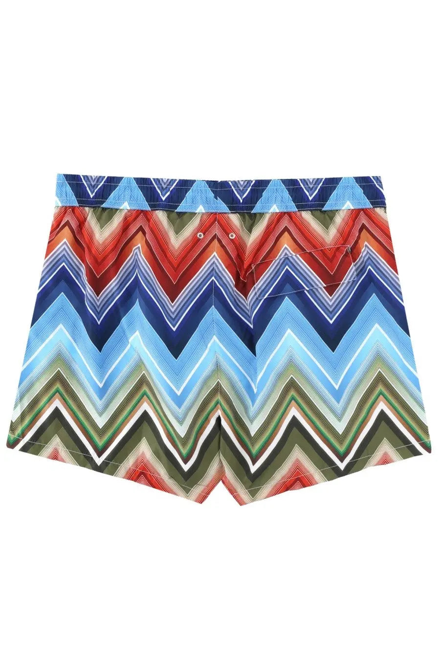 Missoni men’s costume da bagno swim trunks with vibrant multicolor zigzag pattern and matching waistband in red blue and green