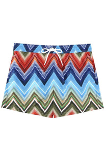 Missoni men’s costume da bagno swim trunks with vibrant red blue green zigzag pattern and white drawstring waistband