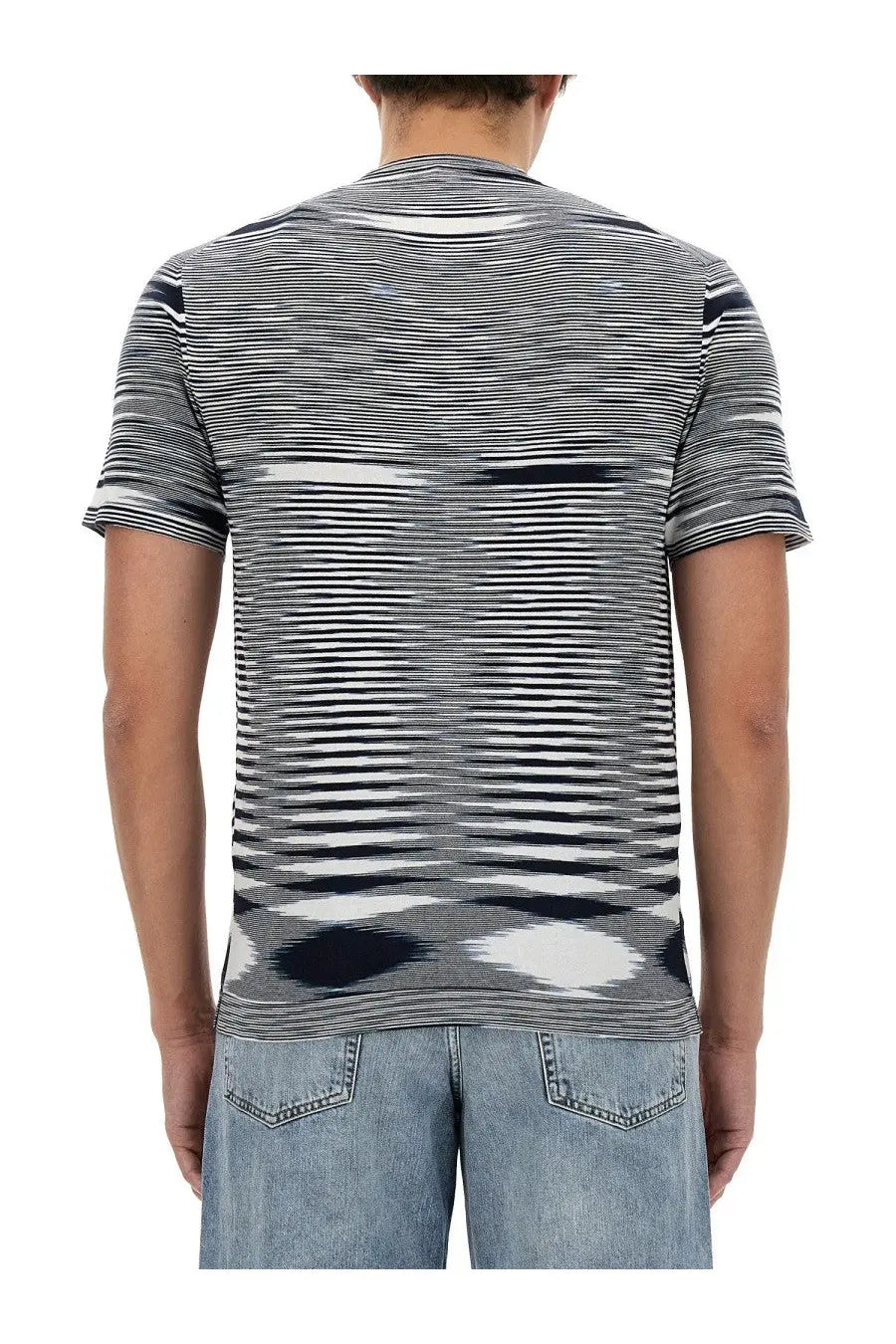 Missoni men’s cotton shirt blue with black and white striped short sleeves and dynamic abstract pattern