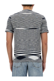 Missoni men’s cotton shirt blue with black and white striped short sleeves and dynamic abstract pattern