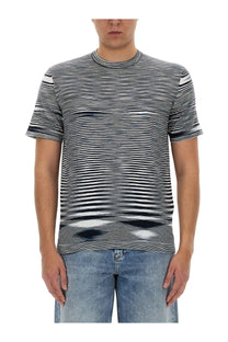 Missoni men’s cotton shirt blue gray and white striped short-sleeved t-shirt with round neckline front view