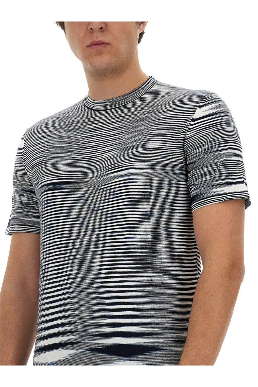 Missoni men’s cotton shirt blue featuring a short-sleeved design with a dynamic black white and gray wavy stripe pattern