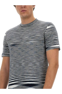 Missoni men’s cotton shirt blue featuring a short-sleeved design with a dynamic black white and gray wavy stripe pattern