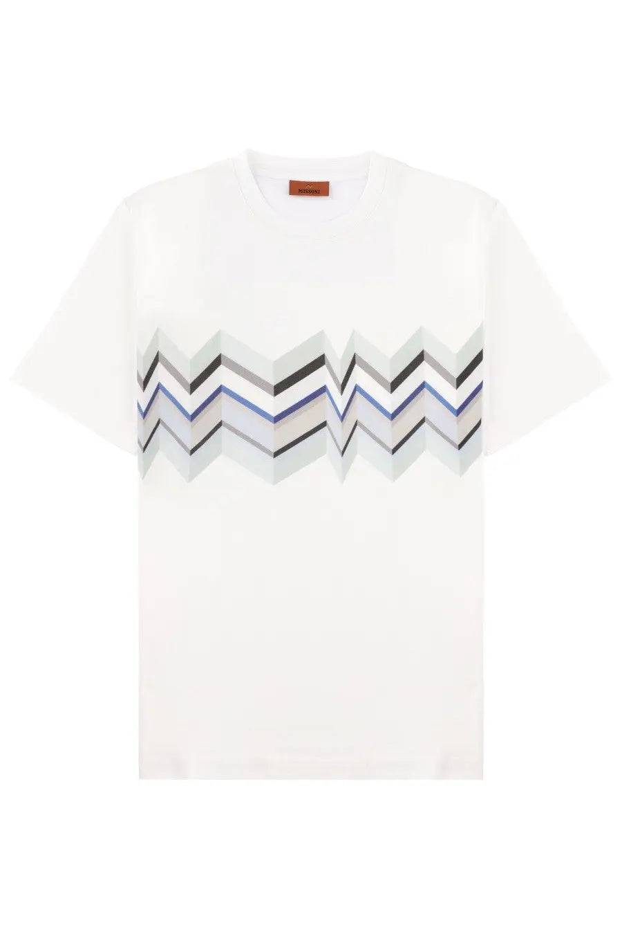 Missoni men’s white cotton t-shirt with bold black and blue multi-layered zigzag pattern front view