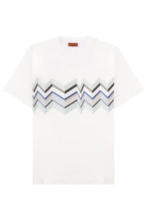 Missoni men’s white cotton t-shirt with bold black and blue multi-layered zigzag pattern front view