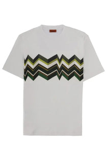 Missoni men’s white short-sleeved t-shirt with bold green and black zigzag chest pattern made from soft fabric