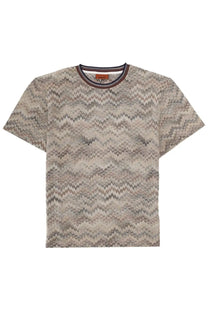 Missoni men’s beige short-sleeve shirt in cotone with gray zigzag pattern and ribbed crew neck