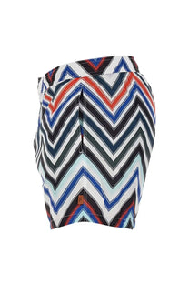 Missoni men’s swimsuit featuring vibrant zigzag-patterned shorts in bold red blue black and white stripes