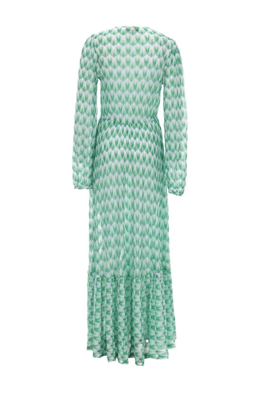 Missoni women’s abito lungo copricostume green long-sleeved floor-length sheer dress with mint-green and white geometric pattern and ruffled hem