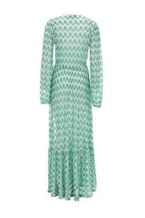 Missoni women’s abito lungo copricostume green long-sleeved floor-length sheer dress with mint-green and white geometric pattern and ruffled hem