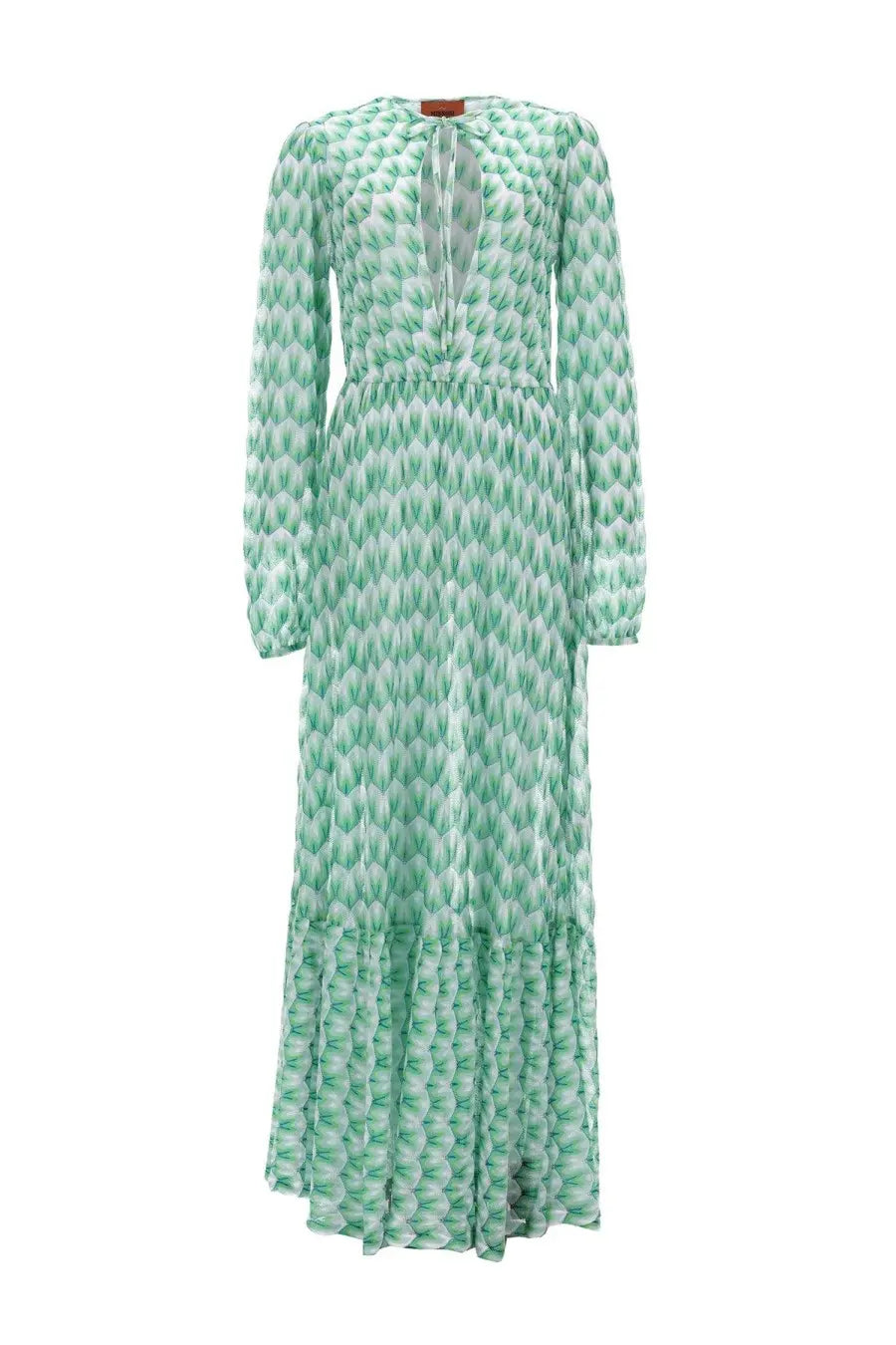 Missoni women’s abito lungo copricostume green flowing mint green and white patterned long sleeve maxi dress with keyhole neckline