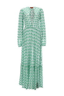 Missoni women’s abito lungo copricostume green flowing mint green and white patterned long sleeve maxi dress with keyhole neckline