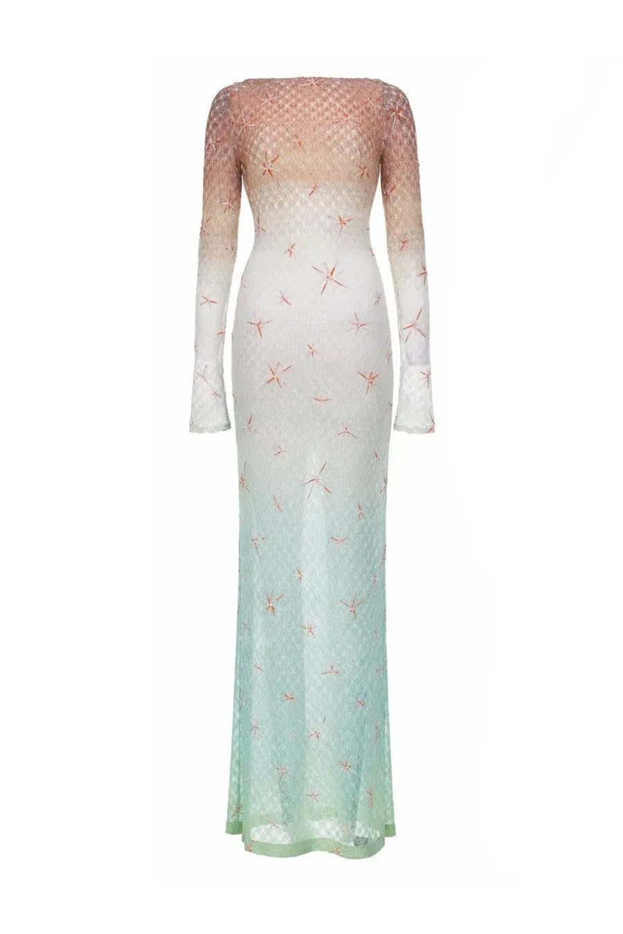 Missoni women’s abito lungo copricostume multicolor sheer gradient gown with lace overlay and pink dragonfly embroidery