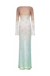 Missoni women’s abito lungo copricostume multicolor sheer gradient gown with lace overlay and pink dragonfly embroidery