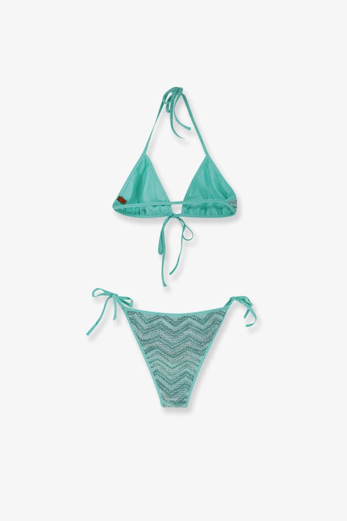 Missoni women’s teal bikini set with triangle top and matching textured wavy knit bottoms