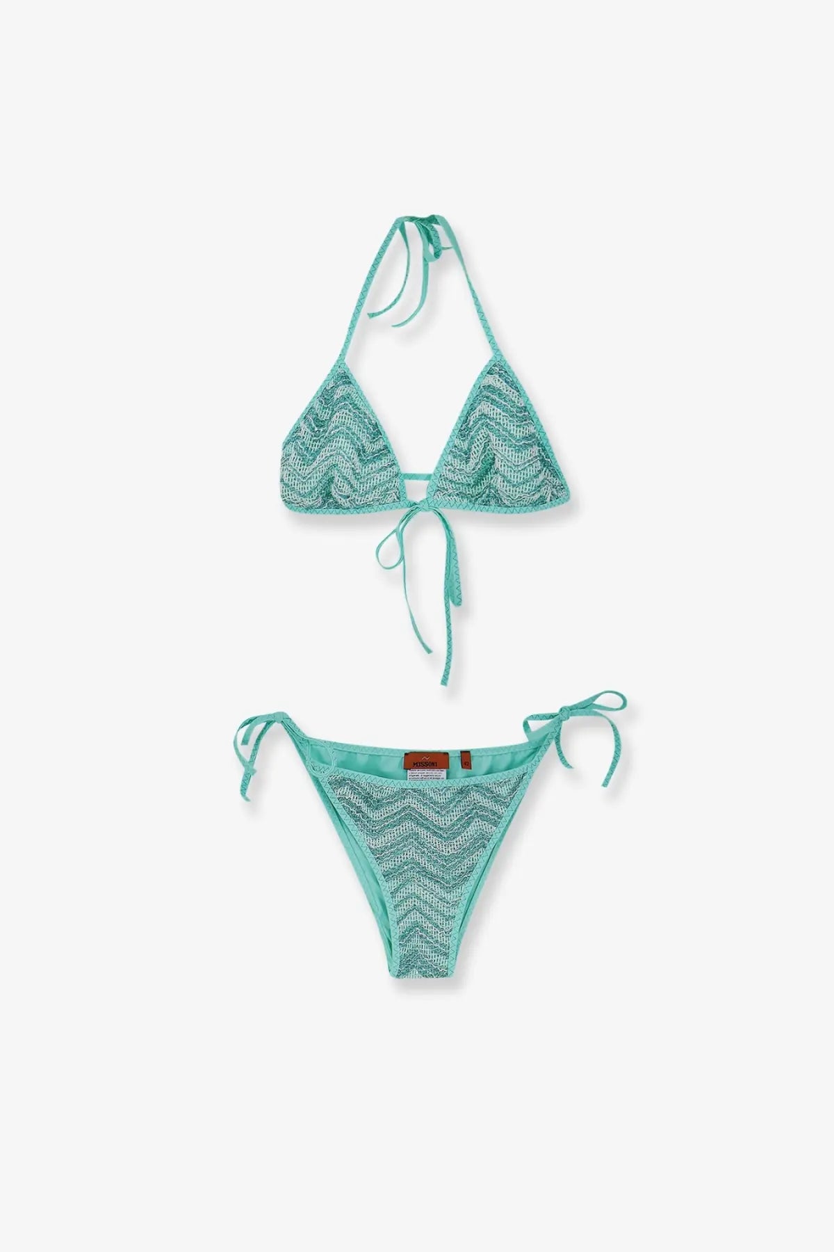 Missoni women’s bikini blue turquoise crochet set with zigzag pattern and adjustable ties for stylish swimwear