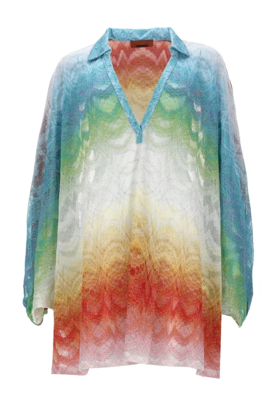 Missoni women’s caftano copricostume sheer long sleeve blouse with v neck collar gradient turquoise to orange red hues