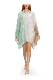 Missoni womens copristume corto flowing sheer viscose lamé dress in mint green to peach with pink dragonfly embroidery