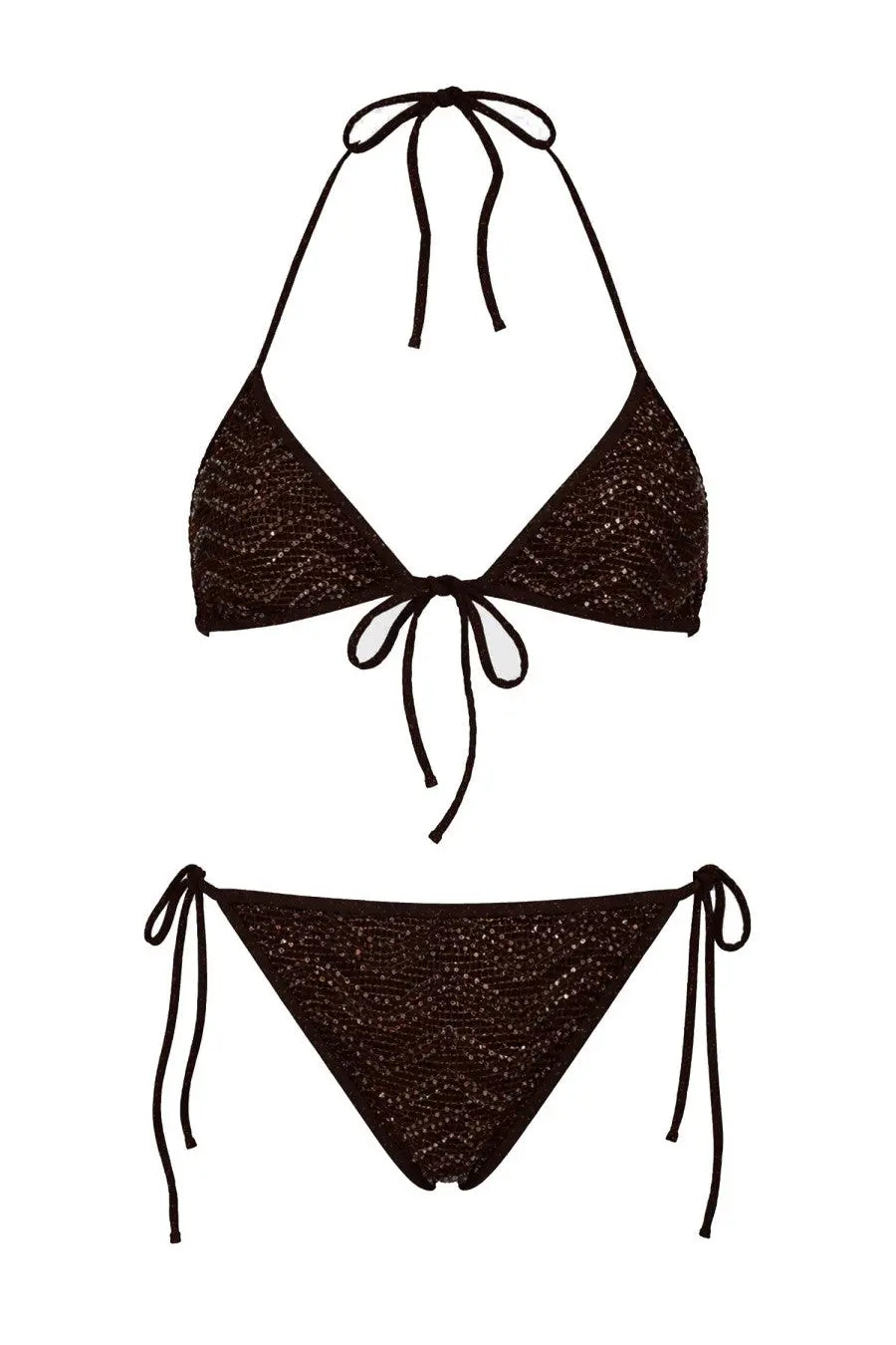 Black lace bikini set with shimmering textured pattern and adjustable tie side straps from missoni in brown