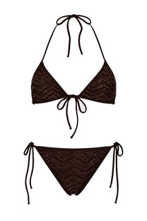 Black lace bikini set with shimmering textured pattern and adjustable tie side straps from missoni in brown