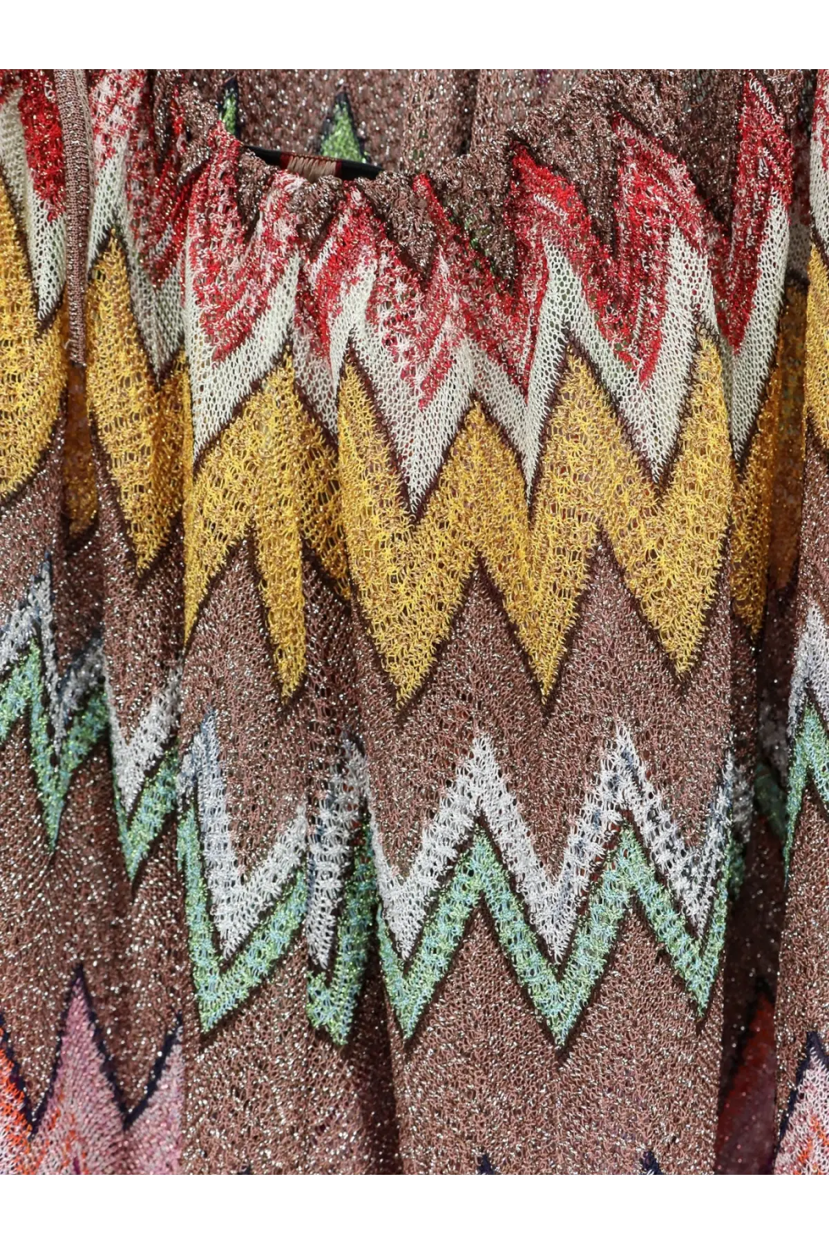 Missoni women’s cover up dress gold with a shimmering multicolored zigzag knit pattern and metallic textured sheen