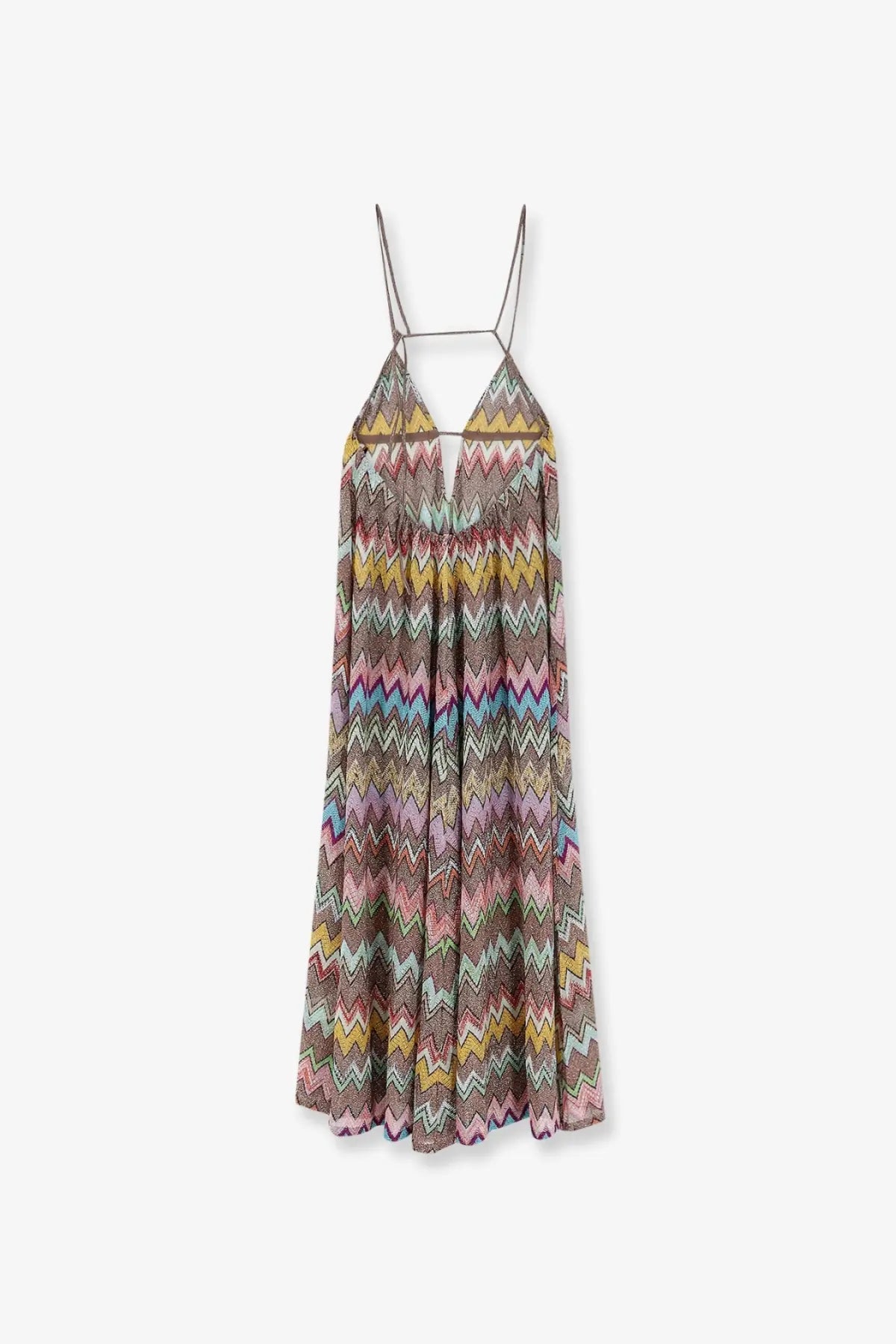 Missoni women’s cover up dress gold features a vibrant multi-colored zigzag maxi with spaghetti straps and halter neckline