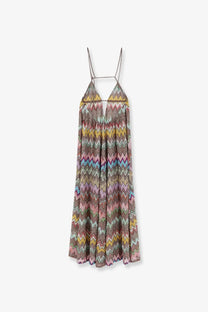 Missoni women’s cover up dress gold features a vibrant multi-colored zigzag maxi with spaghetti straps and halter neckline