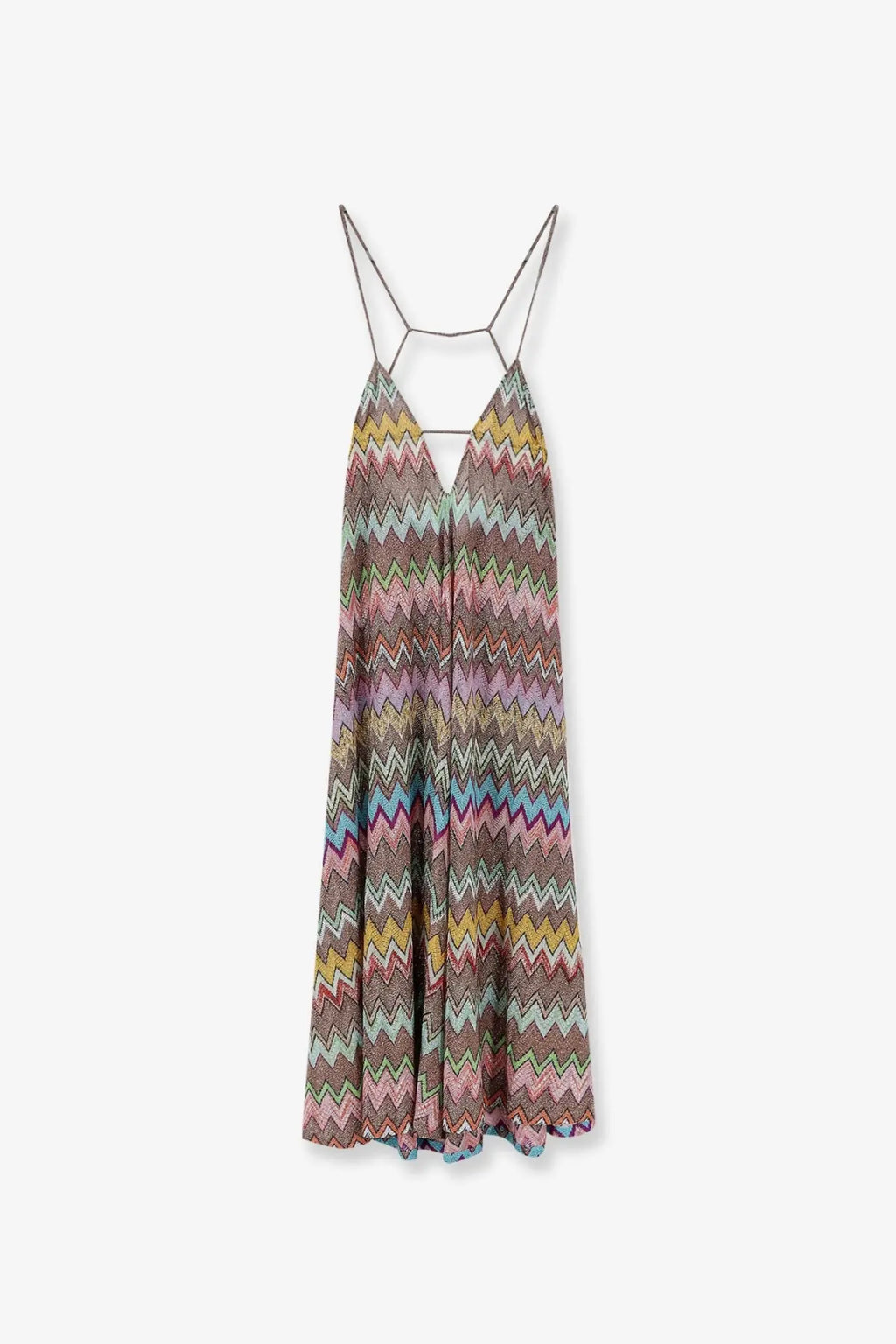 Missoni women’s cover up dress gold with vibrant multicolored zigzag pattern metallic thin straps and v-neckline