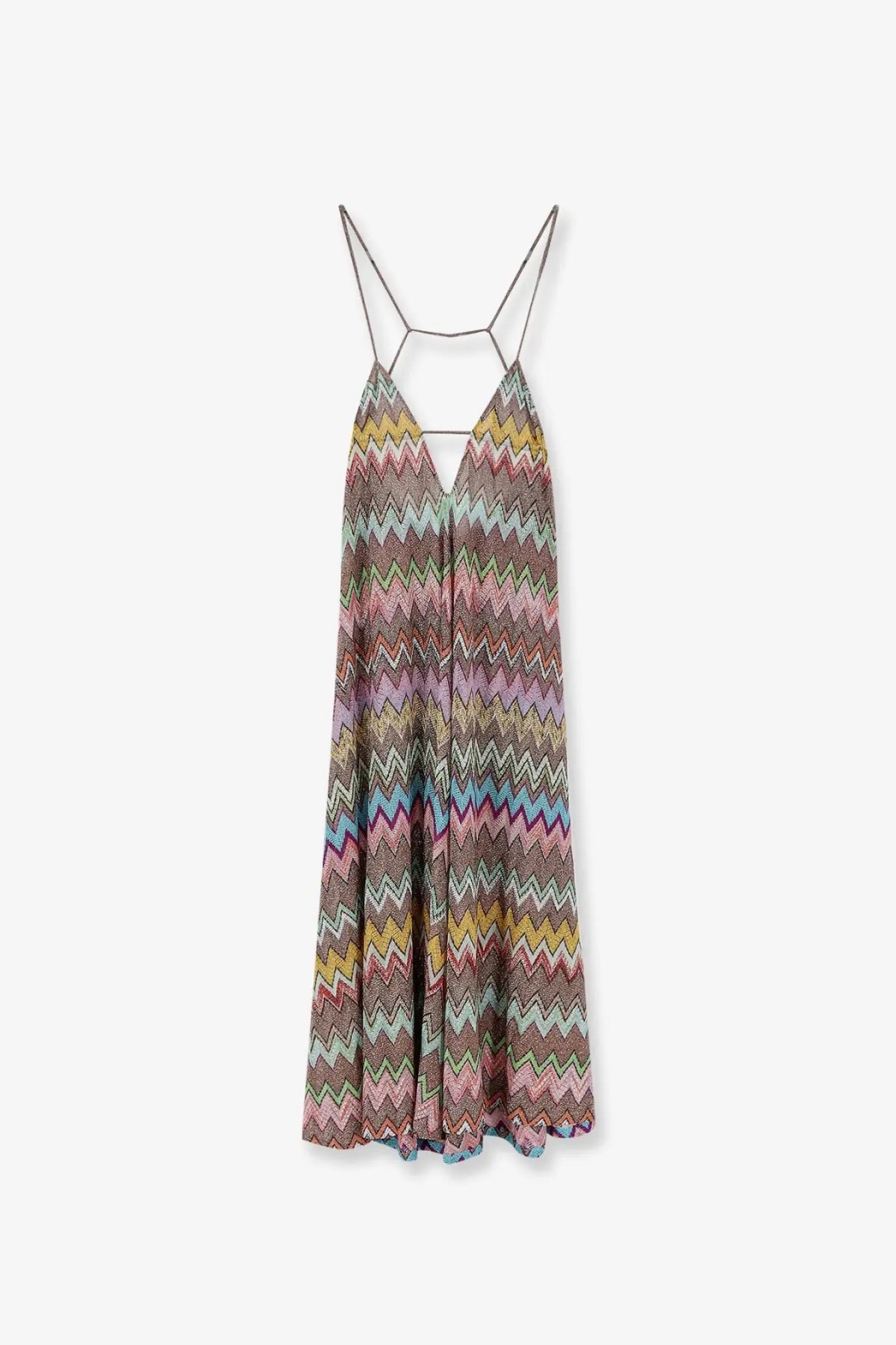 Missoni women’s cover up dress gold with vibrant multicolored zigzag pattern metallic thin straps and v-neckline