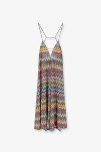Missoni women’s cover up dress gold with vibrant multicolored zigzag pattern metallic thin straps and v-neckline
