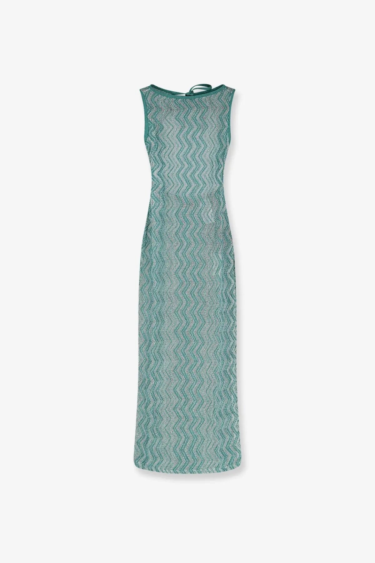 Missoni women’s sleeveless knee-length long dress in shimmering teal and silver laminated viscose with tie-back neckline