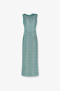 Missoni women’s sleeveless knee-length long dress in shimmering teal and silver laminated viscose with tie-back neckline