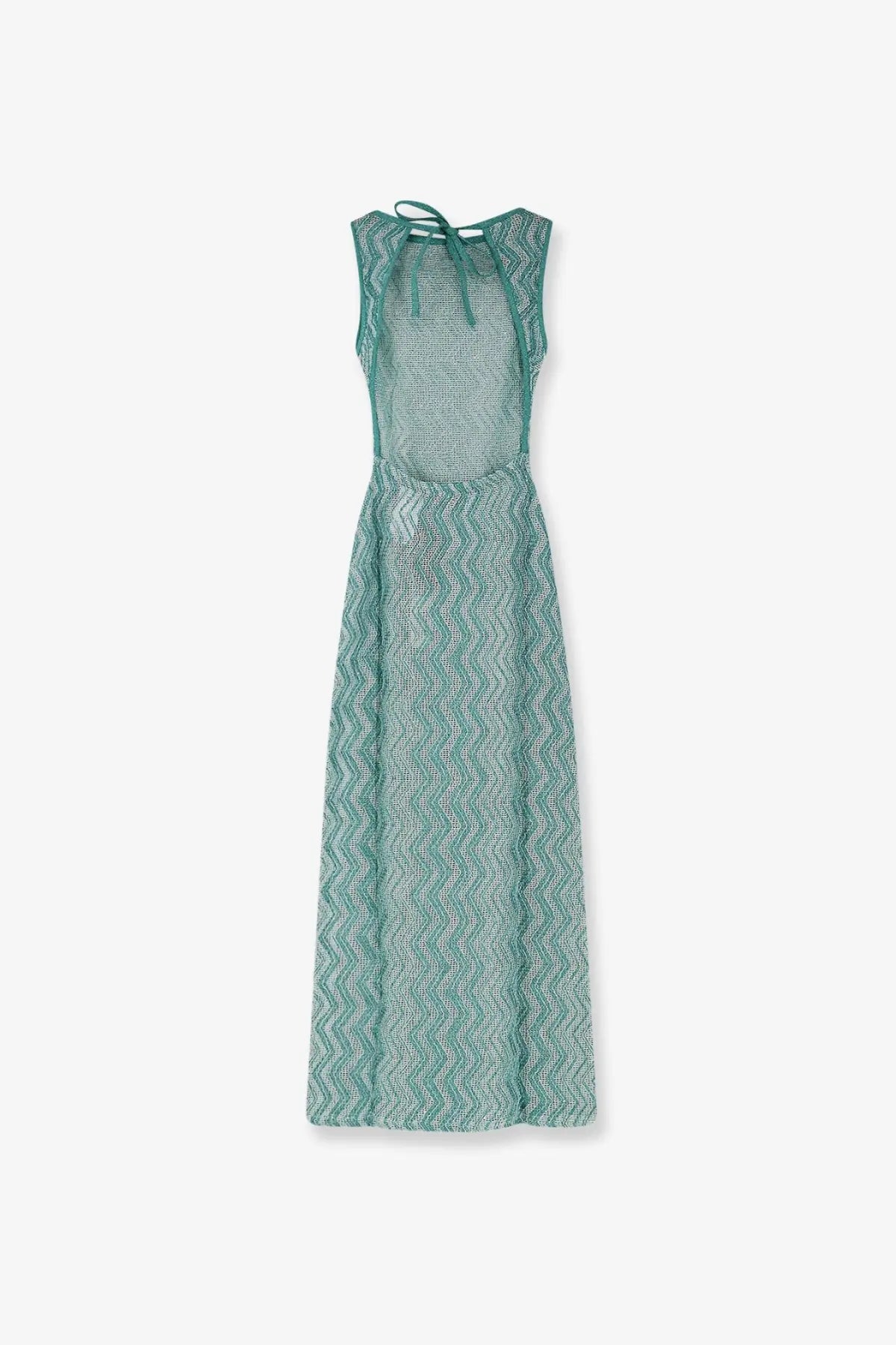 Missoni women’s laminated viscose long dress in blue with teal and white waves and a tie-back neckline shown from the back