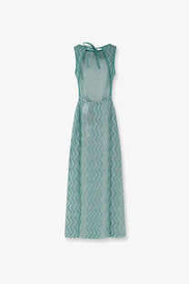 Missoni women’s laminated viscose long dress in blue with teal and white waves and a tie-back neckline shown from the back