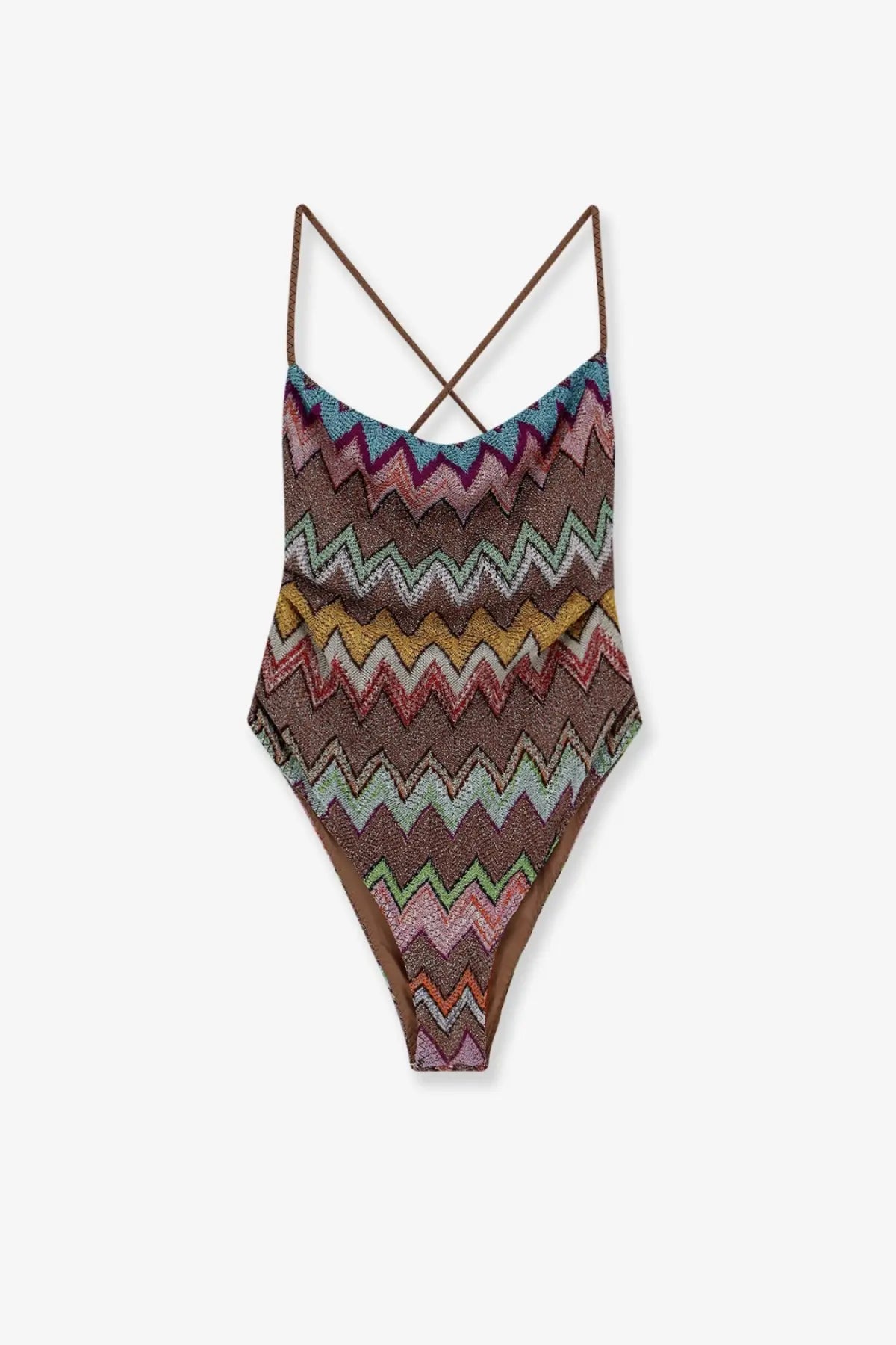 Missoni women’s laminated viscose one piece swimsuit in gold with a vibrant multicolored zigzag pattern and crisscross straps
