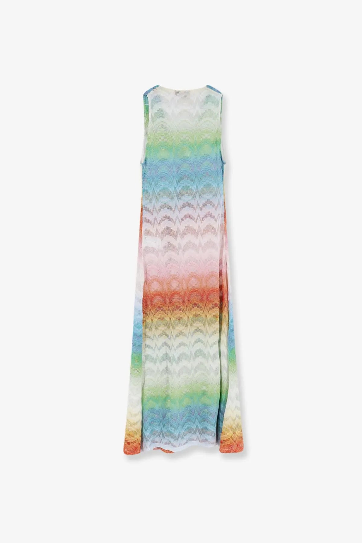 Missoni women’s sleeveless long cover up dress in vibrant rainbow gradient with intricate woven texture in viscose and metallic fiber gold