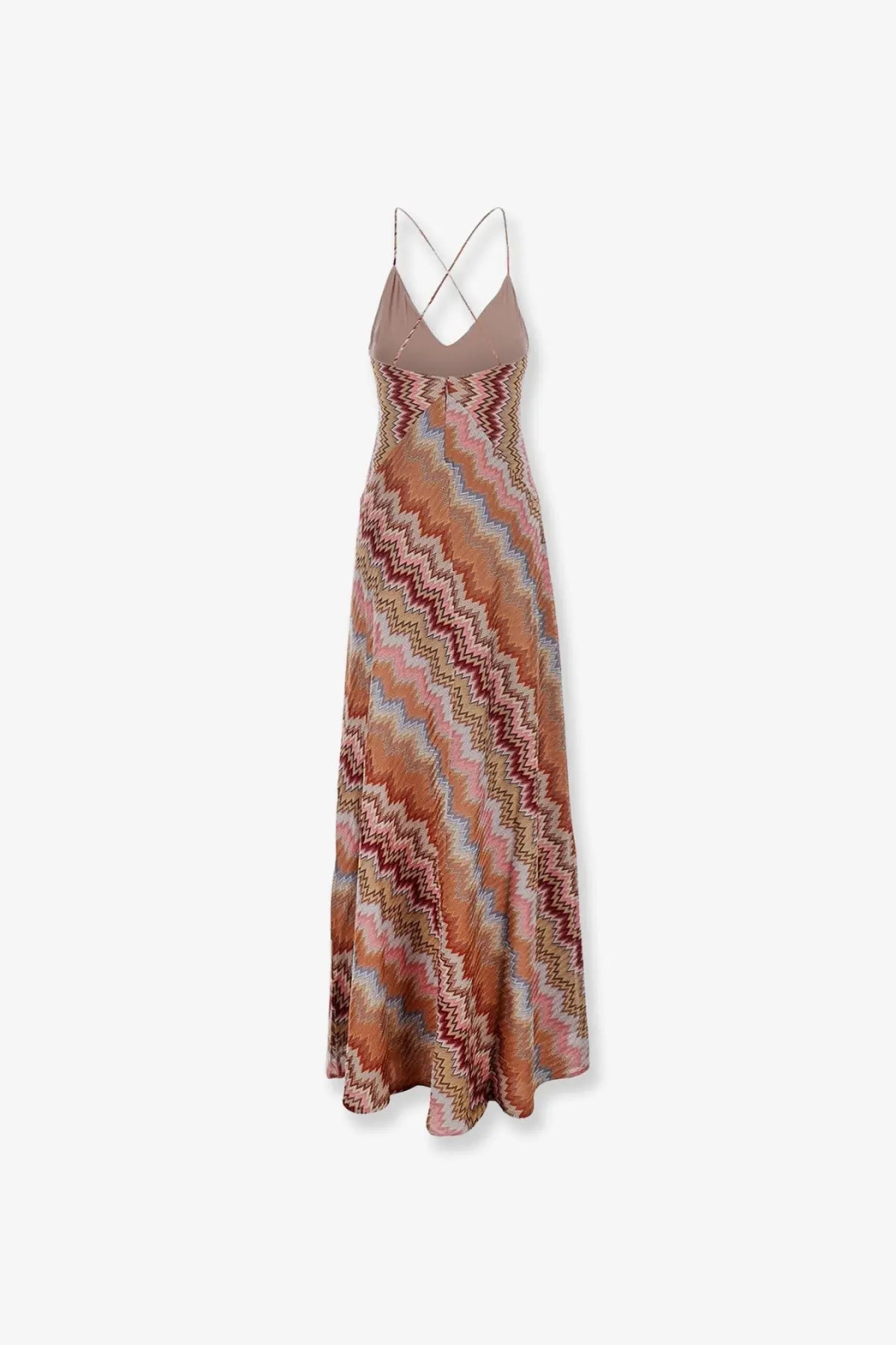 Missoni women’s long viscose dress brown with flowing terracotta zigzag pattern and delicate crisscross spaghetti straps back view