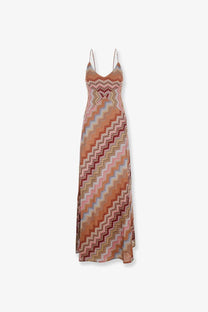 Missoni women’s long viscose dress in brown with a flowing long sleeve maxi design and vibrant zigzag pattern