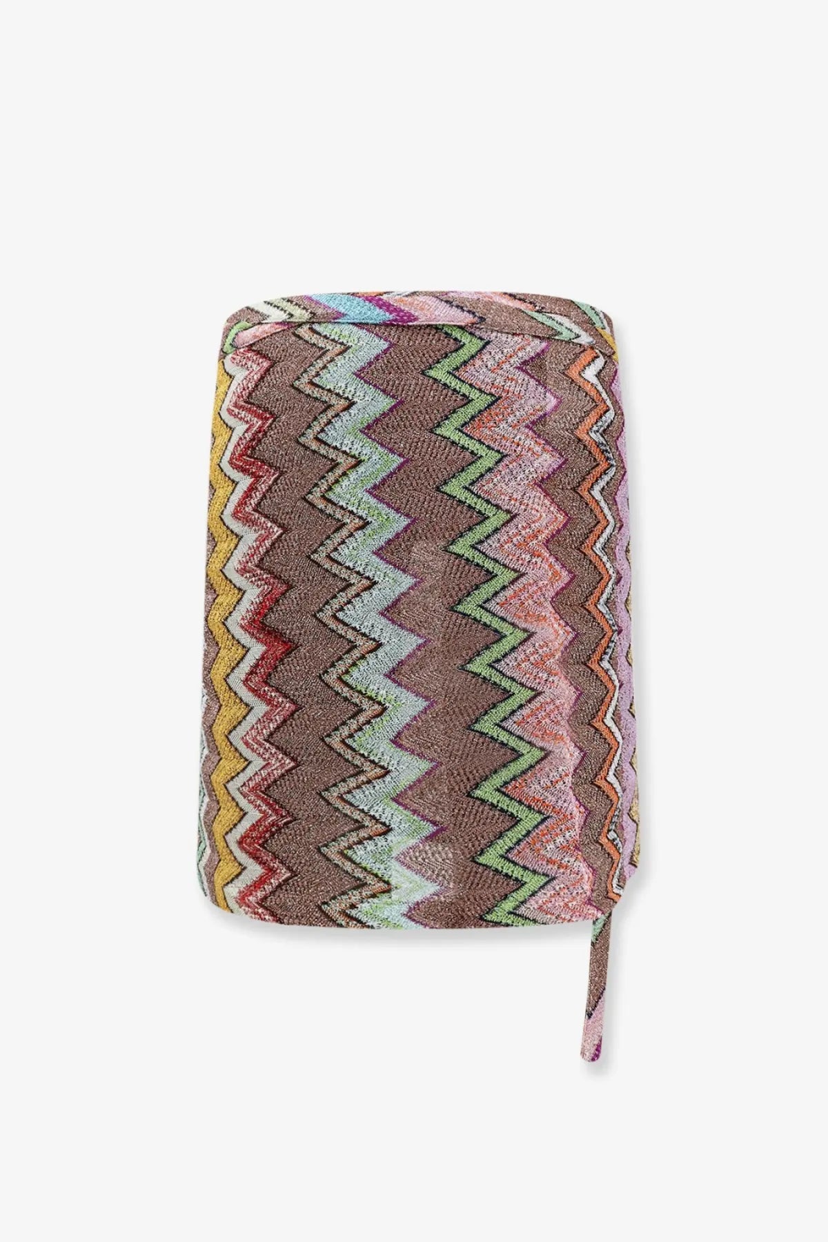 Missoni women’s lurex mini skirt with bold zigzag pattern in earthy tones and pastels featuring textured fabric