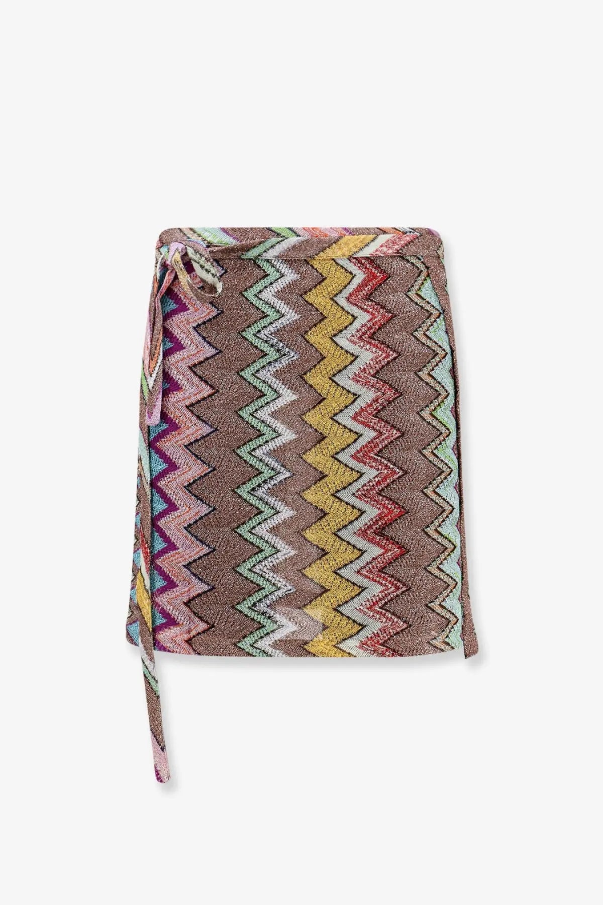 Missoni women’s lurex wrap-style mini skirt with vibrant brown yellow pink and teal zigzag pattern