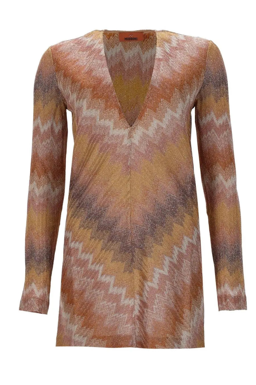 Missoni women’s shimmering long-sleeved mini dress with vibrant orange rust and beige zigzag pattern
